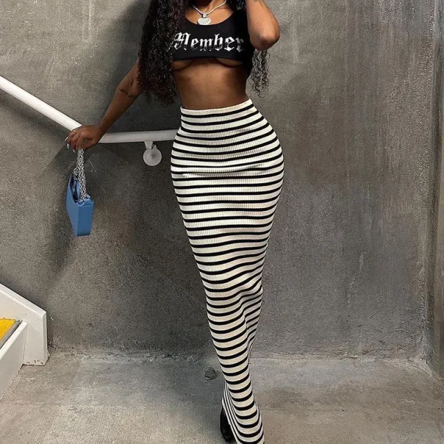 High waisted Black And White Striped Straight Skirt Fashion All in one Casual Dress Stripe - Shop at LoveMi