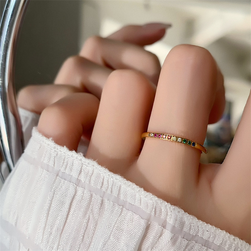 Women's Fashionable Elegant Rainbow Color Gang Drill Titanium Steel Gold-plated Ring
