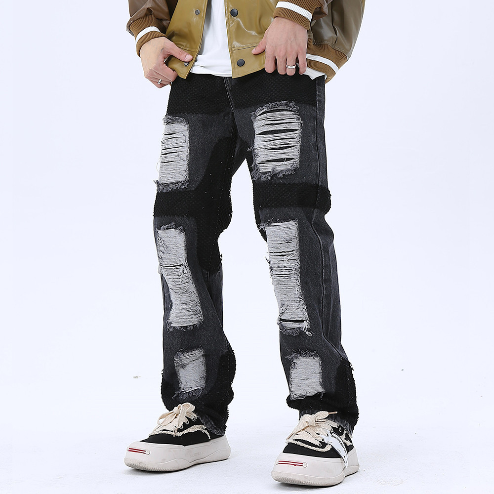 Title 7, Heren casual patchwork ripped straight jeans – ...