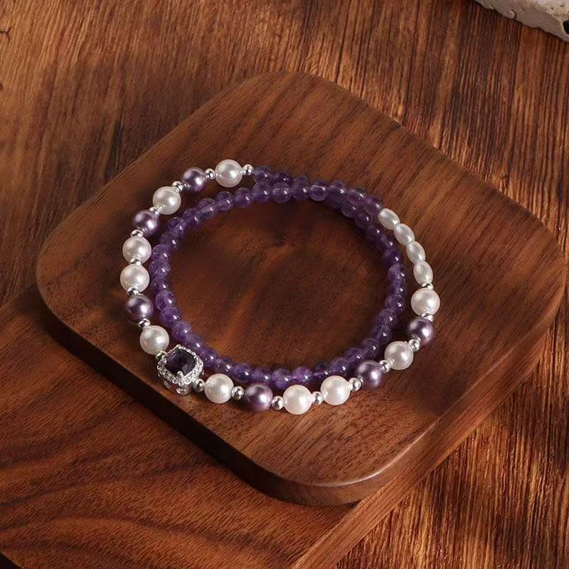 Natural Amethyst  Pearl Bracelet Double Layer Beaded Chain Energy Jewelry For Women
