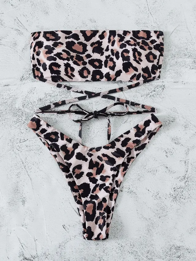 Leopard Print Bikini Bandeau Split Swimsuit Leopard - Shop at LoveMi
