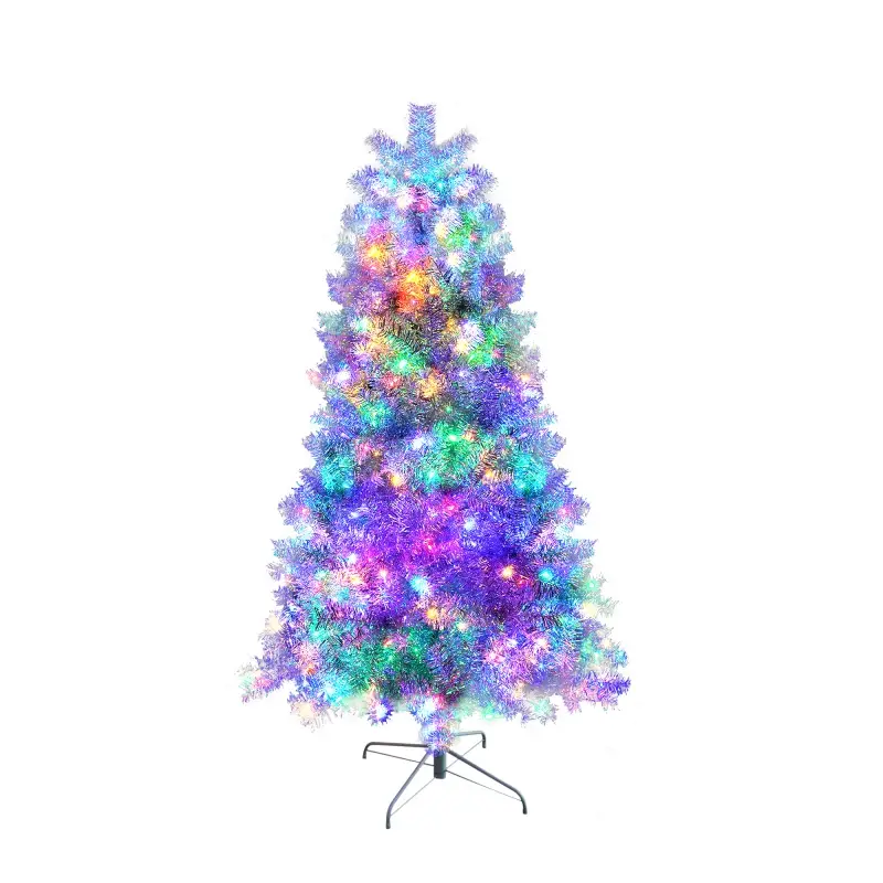 6FT Sliver Pre-Lit Artificial Christmas Tree, Hinged Full Tree With Metal Stand, 800 Branch Tips, 300 LED Lights,11 Lighting Modes, Holiday Decoration Tree For