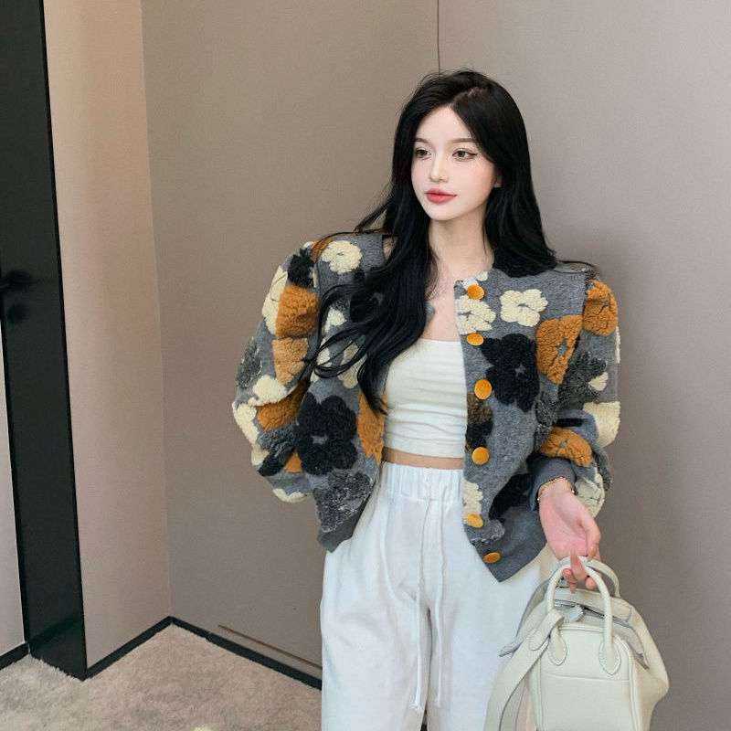 Lamb Wool Floral Cardigan Cropped Coat