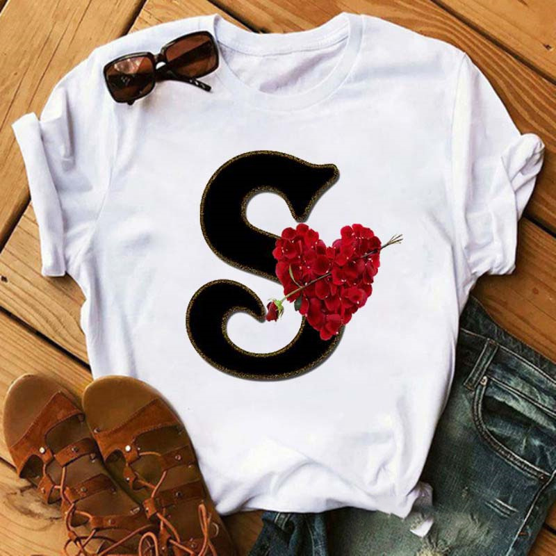 26 English Alphabet Rose Print Student Casual Short Sleeve