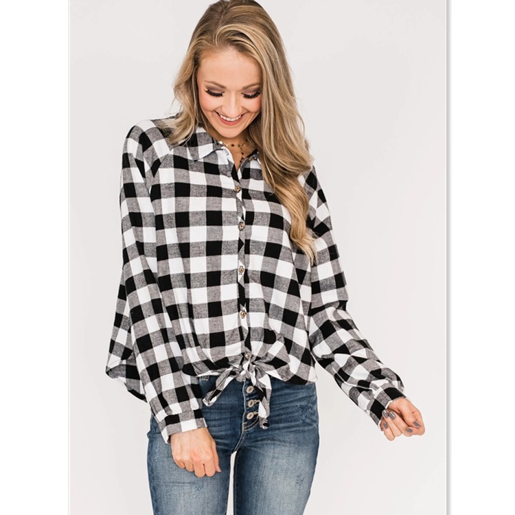 Title 3, Loose Plaid Tie Knot Long-sleeved Cardigan Shirt