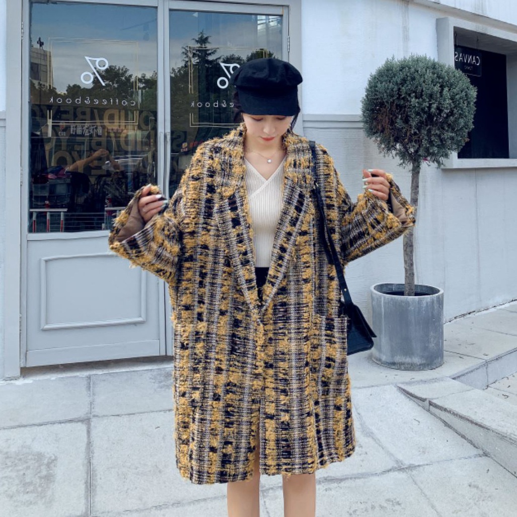 Women's Plaid Mid-length Suit Collar Dark Button Woolen Coat