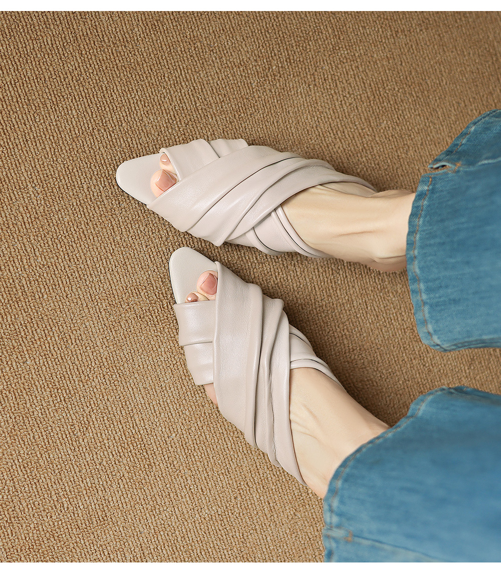 Women's Ruched Lambskin Slide Sandals worn on foot – Sarah Express