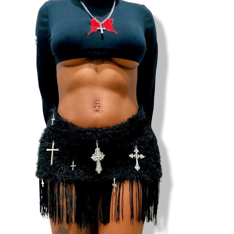 Title 3, Womens High Waisted Cross Printed Fringed Skir...