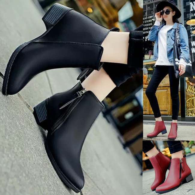 Title 8, Side zipper pointed toe block heel short boots