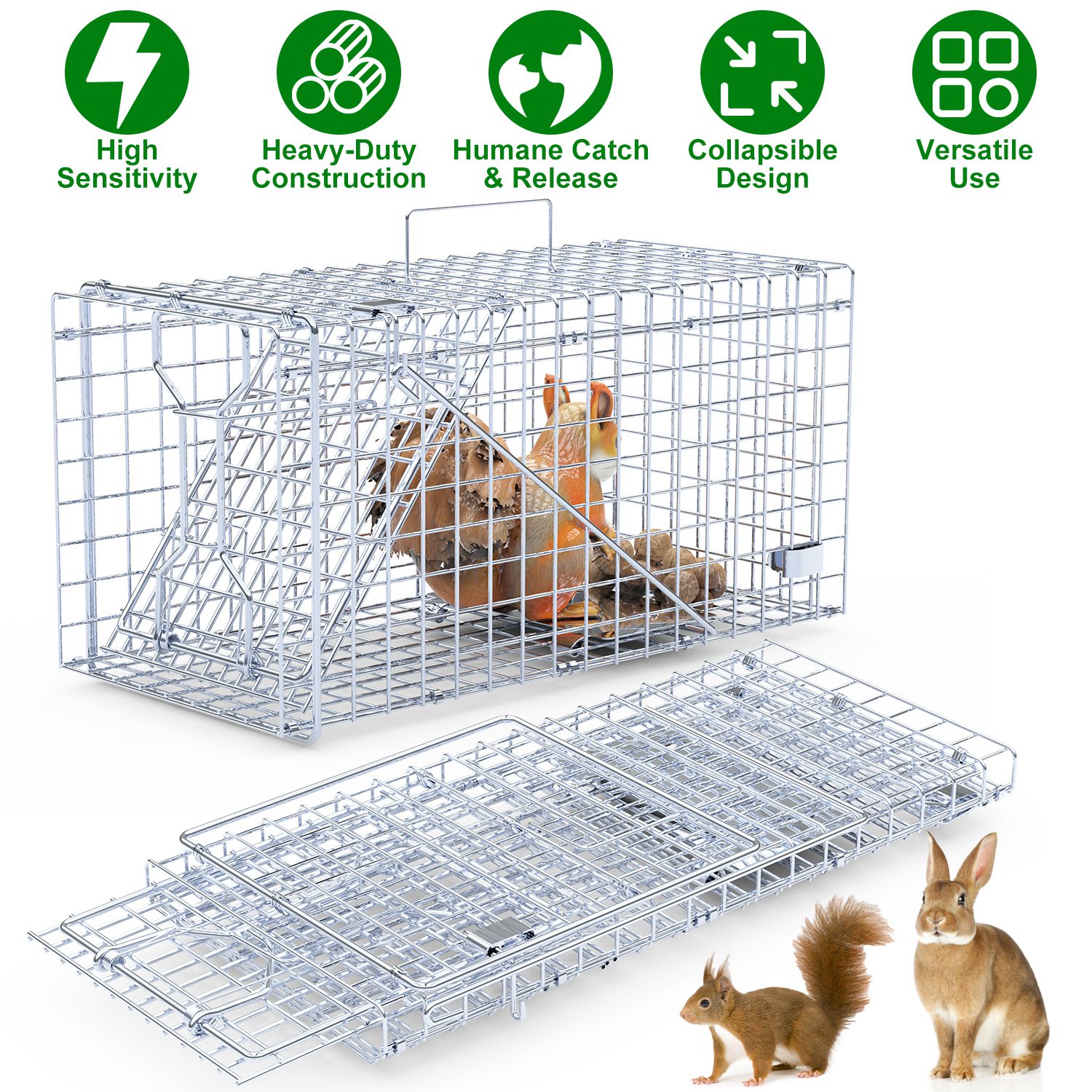 2Pcs 18x8x10In Humane Single Door Live Animal Trap Collapsible Galvanized Iron Animal Cage Catch And Release For Small Squirrel Raccoon Feral Cat Weasel Armadillo Opossum