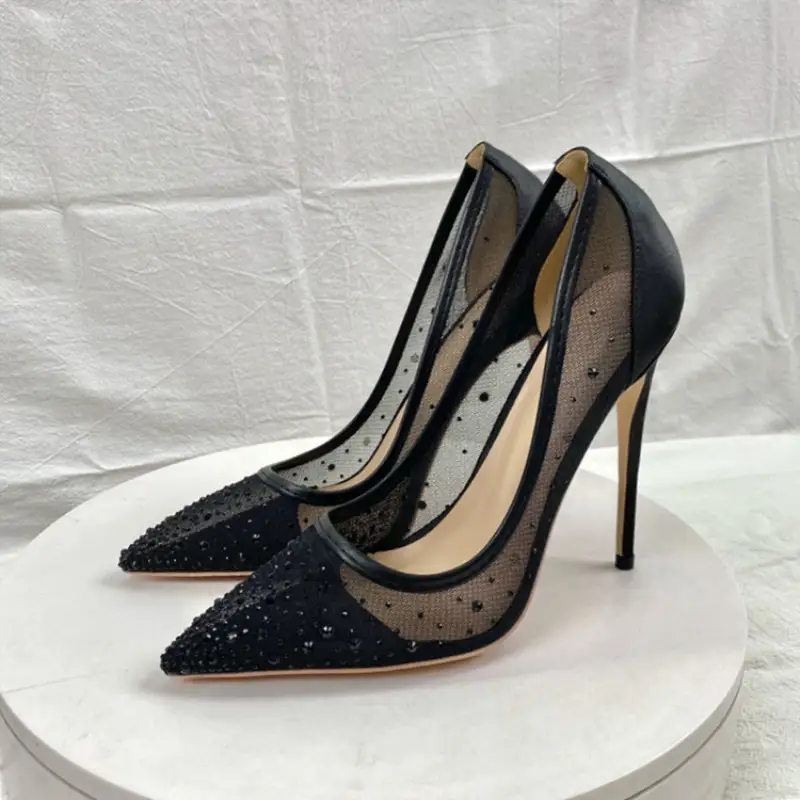 New Breathable Mesh Diamond High Heels 12CM Pointed Women's Shallow Mouth Stiletto Heels