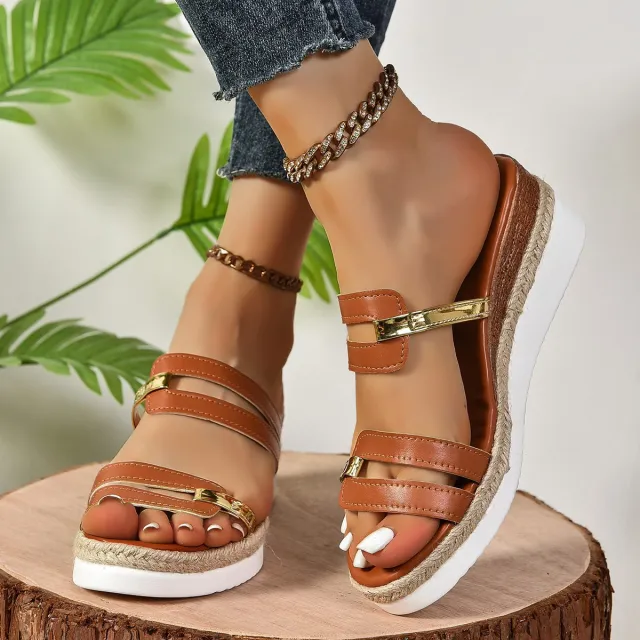 Colorblock strap Wedges Sandals Summer Fashion Hemp Heel Slides Slippers Outdoor Thick Bottom Fish Mouth Shoes For Women Brown - Shop at LoveMi