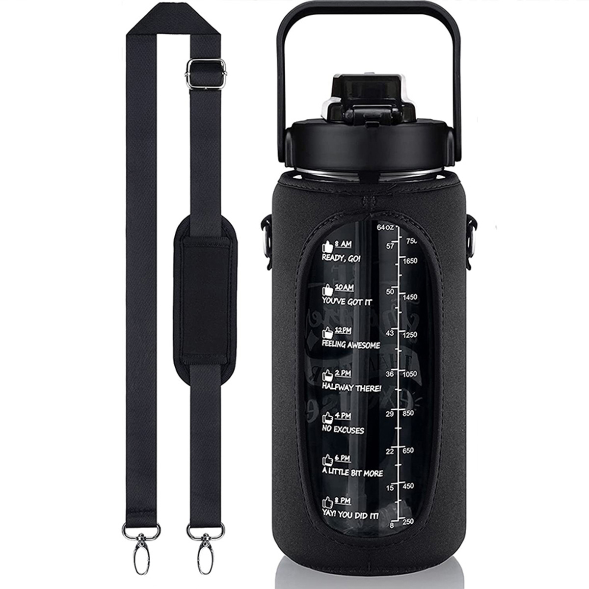 Half-Gallon Water Bottle With Sleeve 2L Leak-Proof, BPA-Free Sports Drinking Bottle With Straw And Custom Time Marker