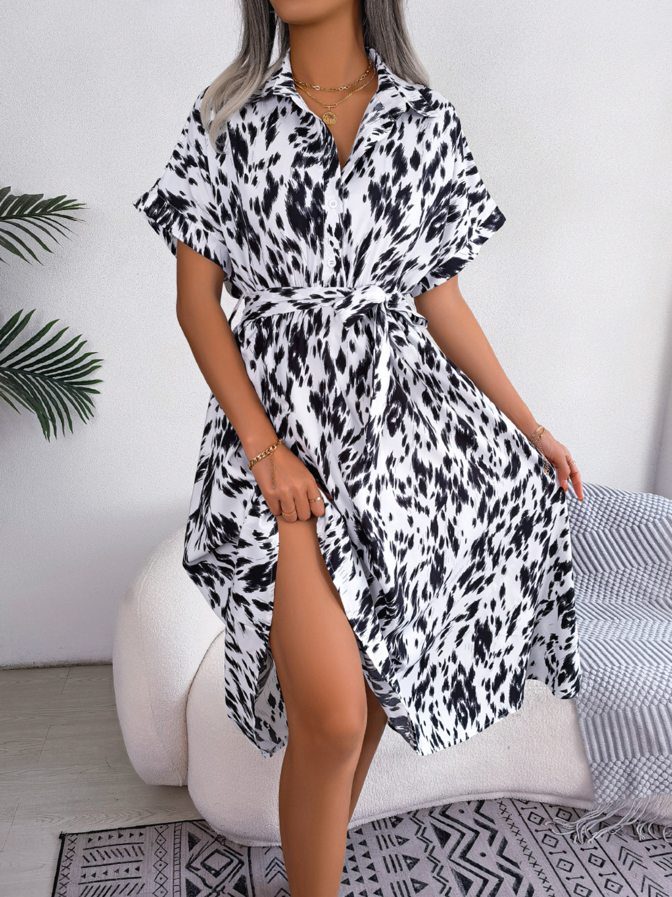 Women's Casual Loose Leopard Print Tie Waist Shirt Dress - Image 9