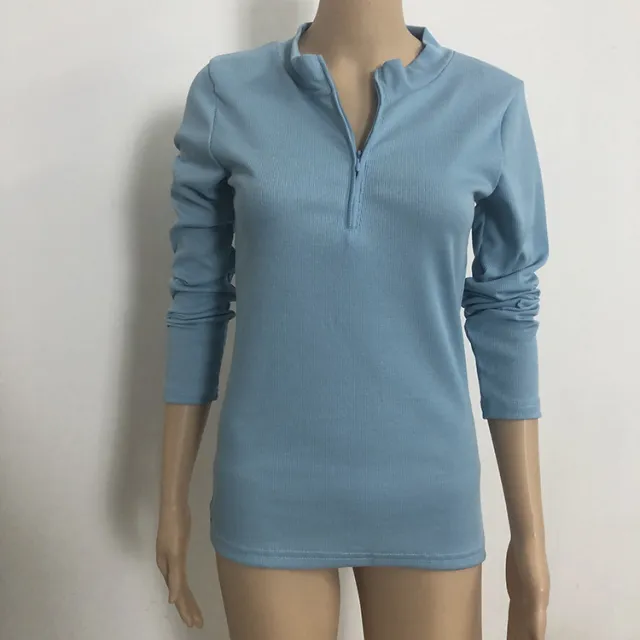 Solid Color Long Sleeve Slim Fit Zipper T Shirt Top Blue - Shop at LoveMi