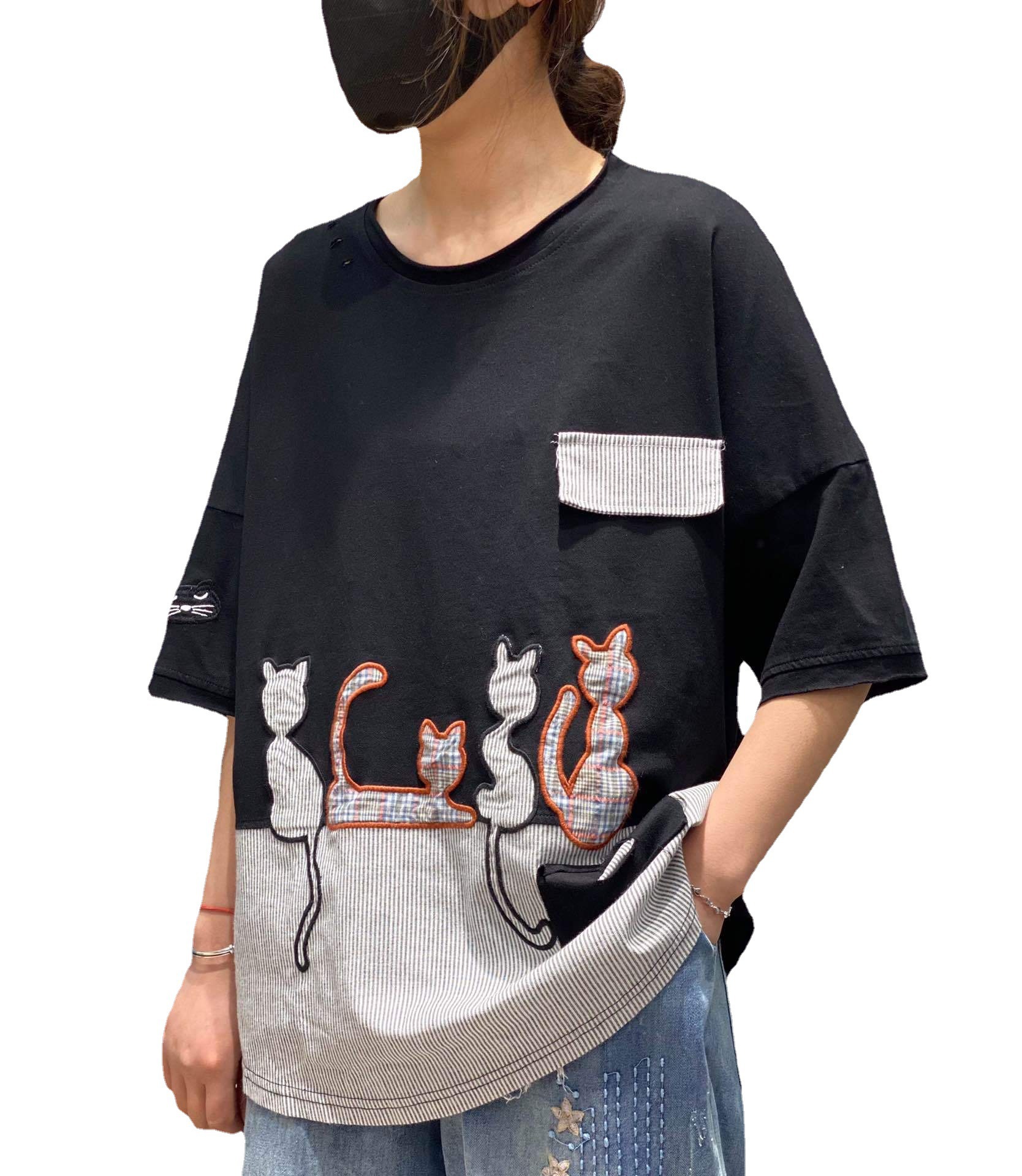 Women's Cartoon All-match Ripped Embroidered Patch Casual Top
