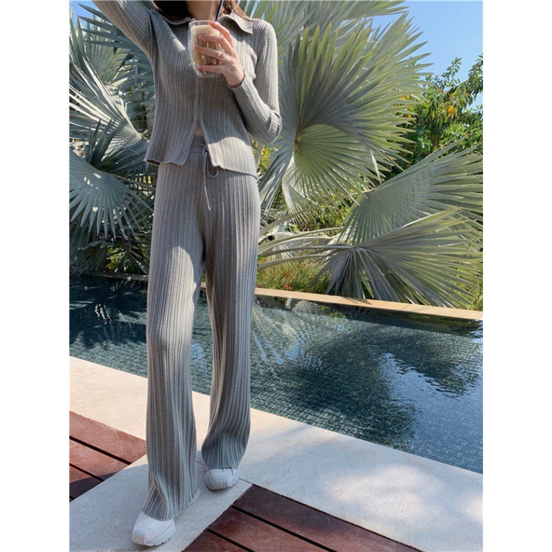 Knitted Wide Leg Pants Suit Women Hong Kong Style Casual Sports Suit