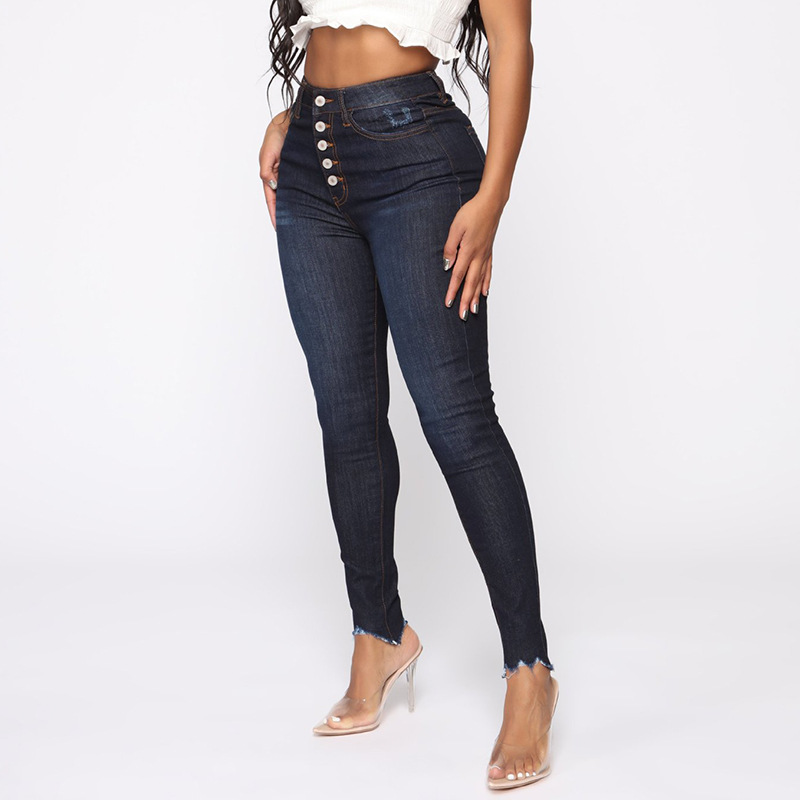 High-waisted Elastic Jeans With Ripped Feet