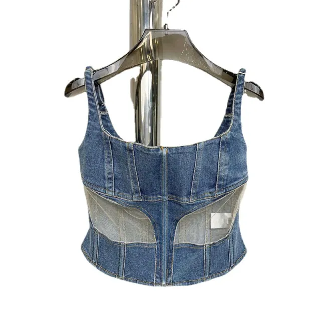 Mesh Panel Denim Tank Top Female Tan - Shop at LoveMi