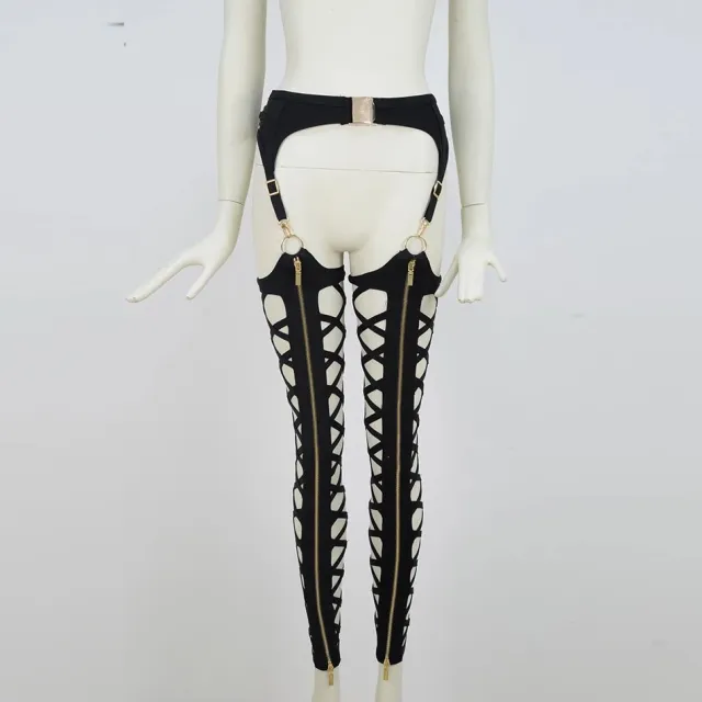 European And American Sexy Front Zipper Cutout Tight Nightclub Leggings Women's Clothing Black - Shop at LoveMi