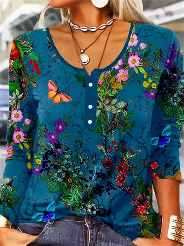 Women's Loose Long Sleeve Geometric Flower Mang U neck Button T shirt Women 4 Style L - Shop at LoveMi