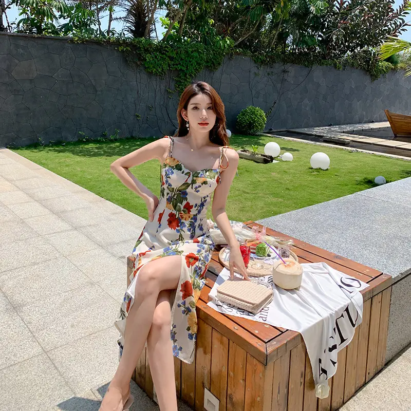 French High Waist Slim Back Printed Seaside Resort Dress