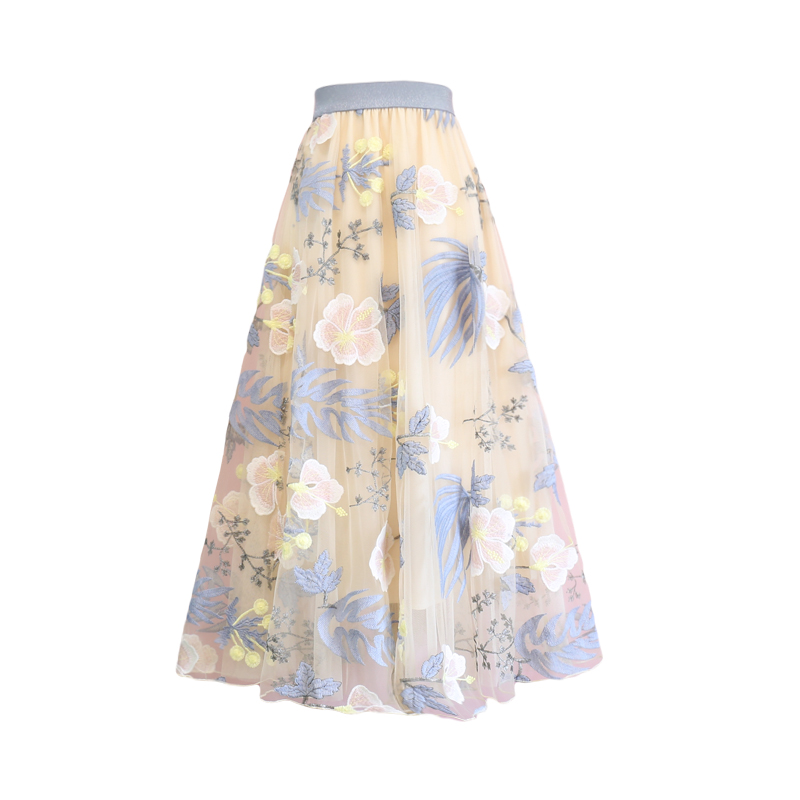 New Mesh Floral High Waisted Elastic Skirt Apricot - Shop at LoveMi