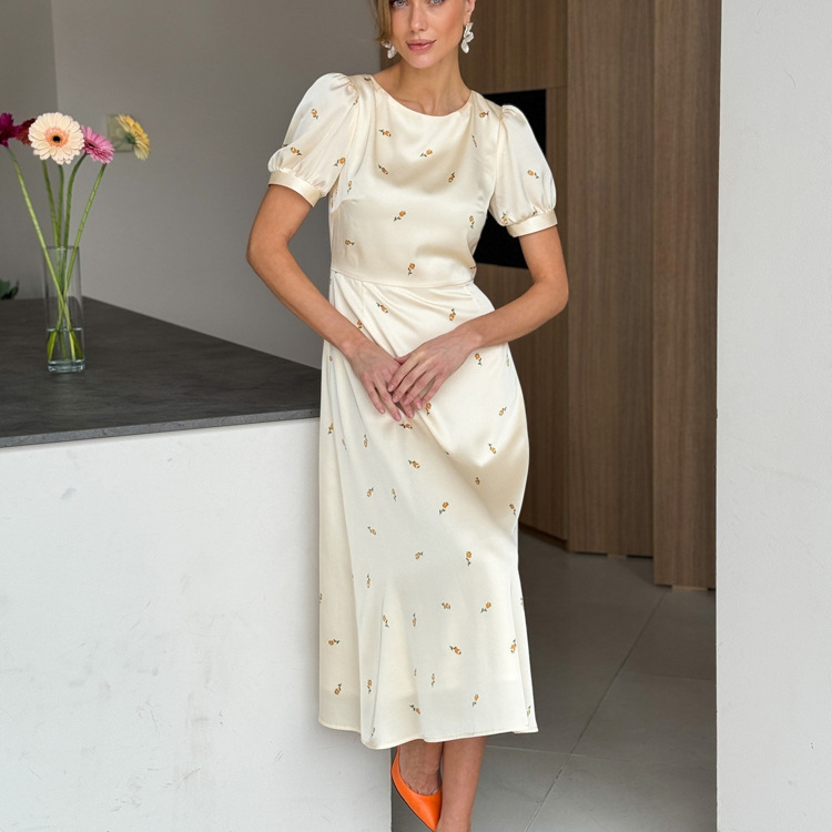 Cream Yellow Floral Print Satin Midi Dress