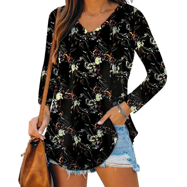 European And American Women's Casual V neck Printed Top Black - Shop at LoveMi