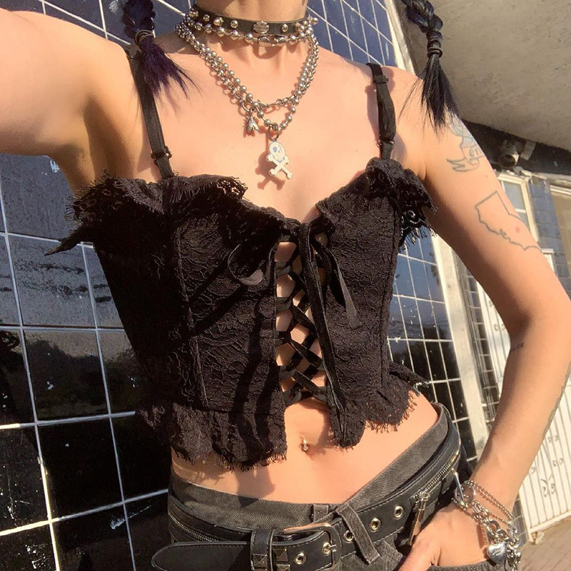 Lace Ruffled Chest Strap Sling Vest Black - Shop at LoveMi