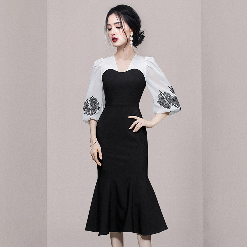 Celebrity Temperament Fashion Lantern Sleeve Waist Fishtail Skirt