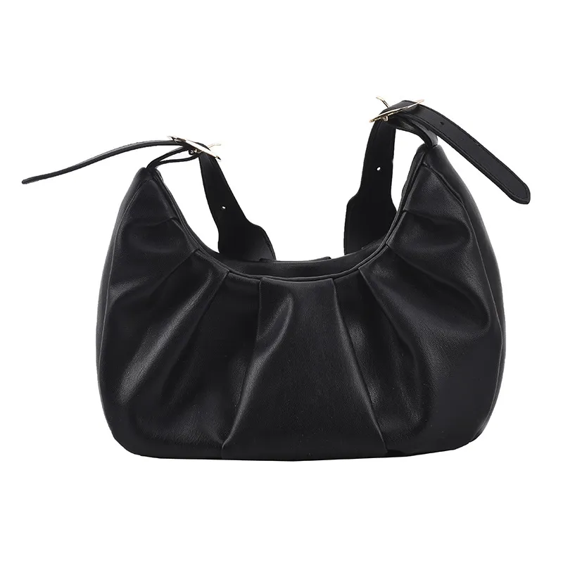 Women's New Fashion Pleated One Shoulder Cloud Messenger Bag - Black