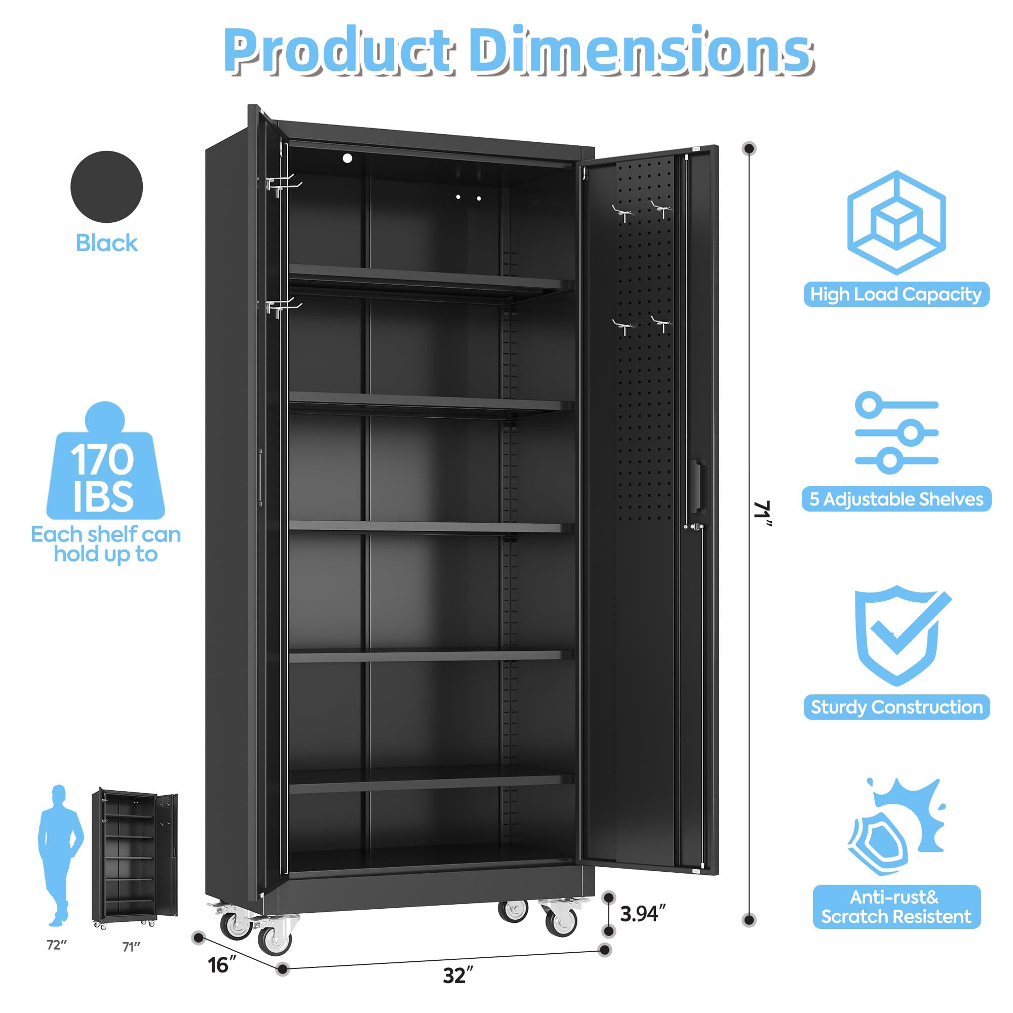 Aobabo Black Metal Garage Storage Cabinet With Wheels, 34inchW X 18inchD X 71inchH 5 Adjustable Shelves Hold Up To 170 Lb Each 4 Lockable Casters And Lockable Doors Organize Tools And Supplies. image 3