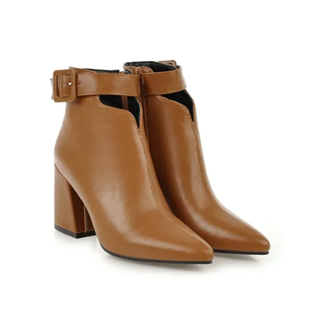 British Pointed Toe Belt Buckle Side Zipper Thick Heel High Heel Women's Boots Brown - Shop at LoveMi