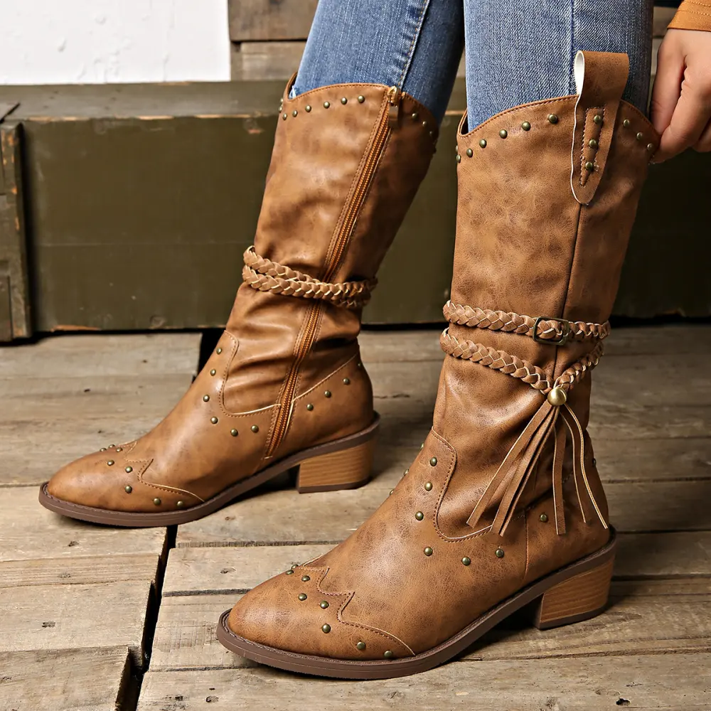 Retro Tassel Boots with Braided Rope Strap Buckle Design