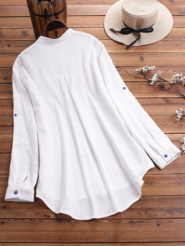 Printed Stand Collar Color Button Shirt Women