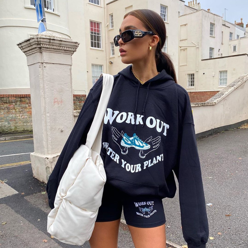 American Retro Letters Running Shoes Plus Size Cotton Hooded Sweater