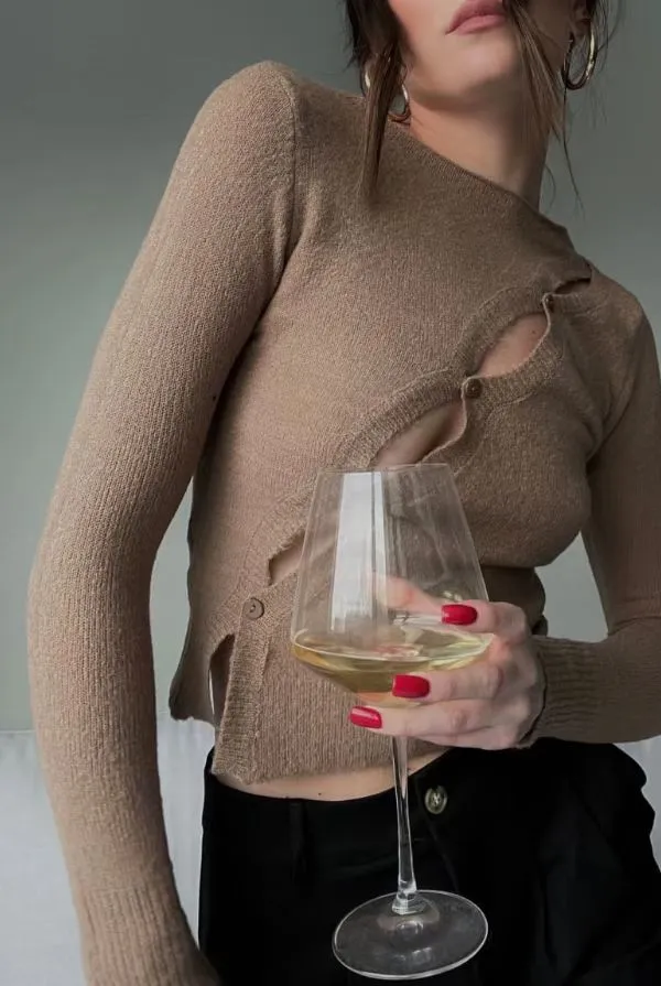 Irregular Round Neck Woolen Long sleeved Shirt Camel - Shop at LoveMi