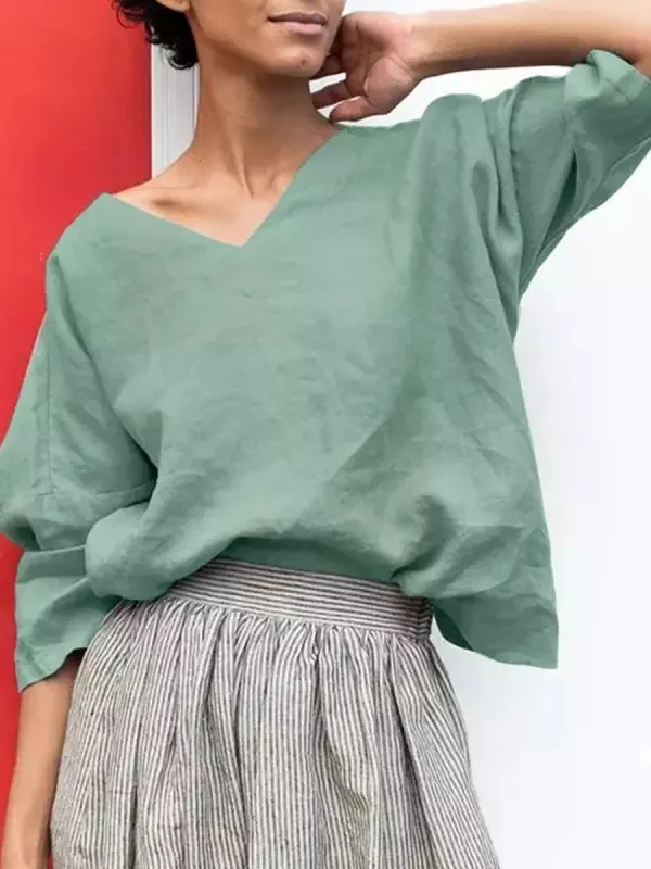 Women's Sleeve Cotton Linen V Neck T Shirt Green - Shop at LoveMi