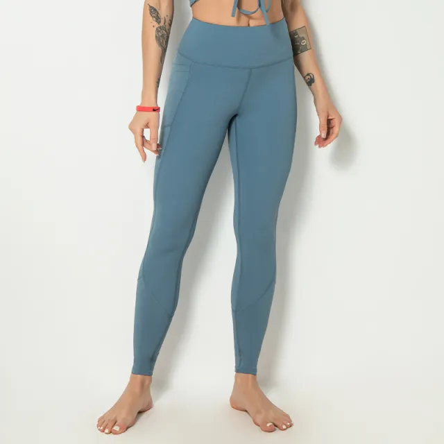 Large Size Double sided Nylon High Waist Yoga Pants With Stitching Pockets Sea Blue - Shop at LoveMi