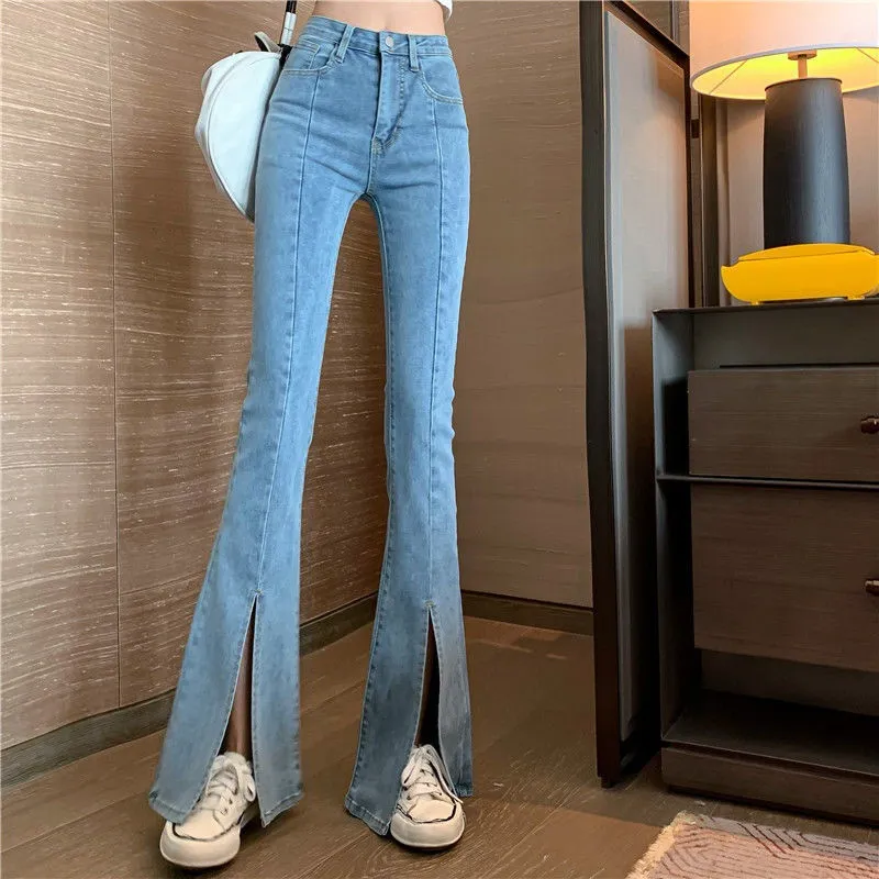 Women's High Waist Slim Slit Jeans Micro Flared Pants - Blue