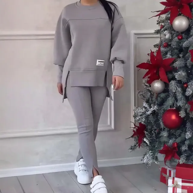Women's Solid Color 2 Piece Set, Loose Fit Top With Slit Hem & Slim Fit Pants For Spring And Fall Gary - Shop at LoveMi