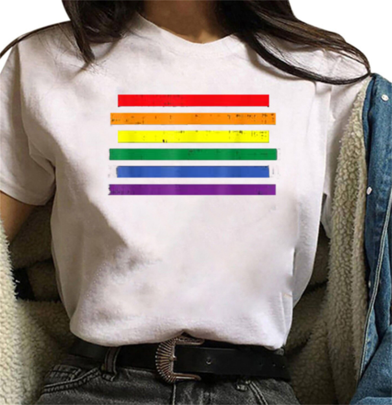 Rainbow Alphabet Print Casual Ladies Short Sleeves