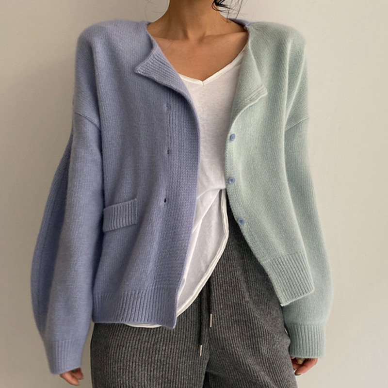 Round Neck Color Matching Loose Long-Sleeved Knitted Cardigan Sweater Coat Women