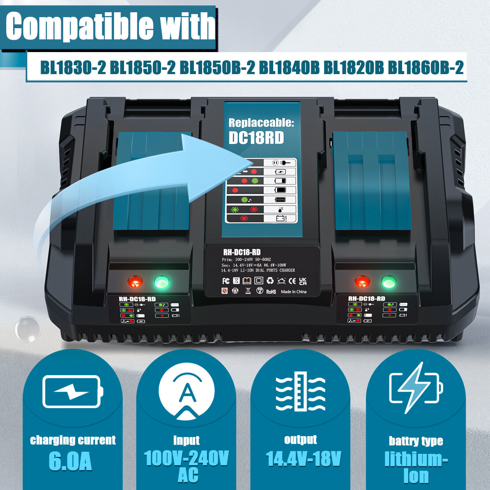 Dual Fast Charger For  18V Li-Ion Battery BL1860 BL1830 BL1850 BL1840 NEW — foto 12