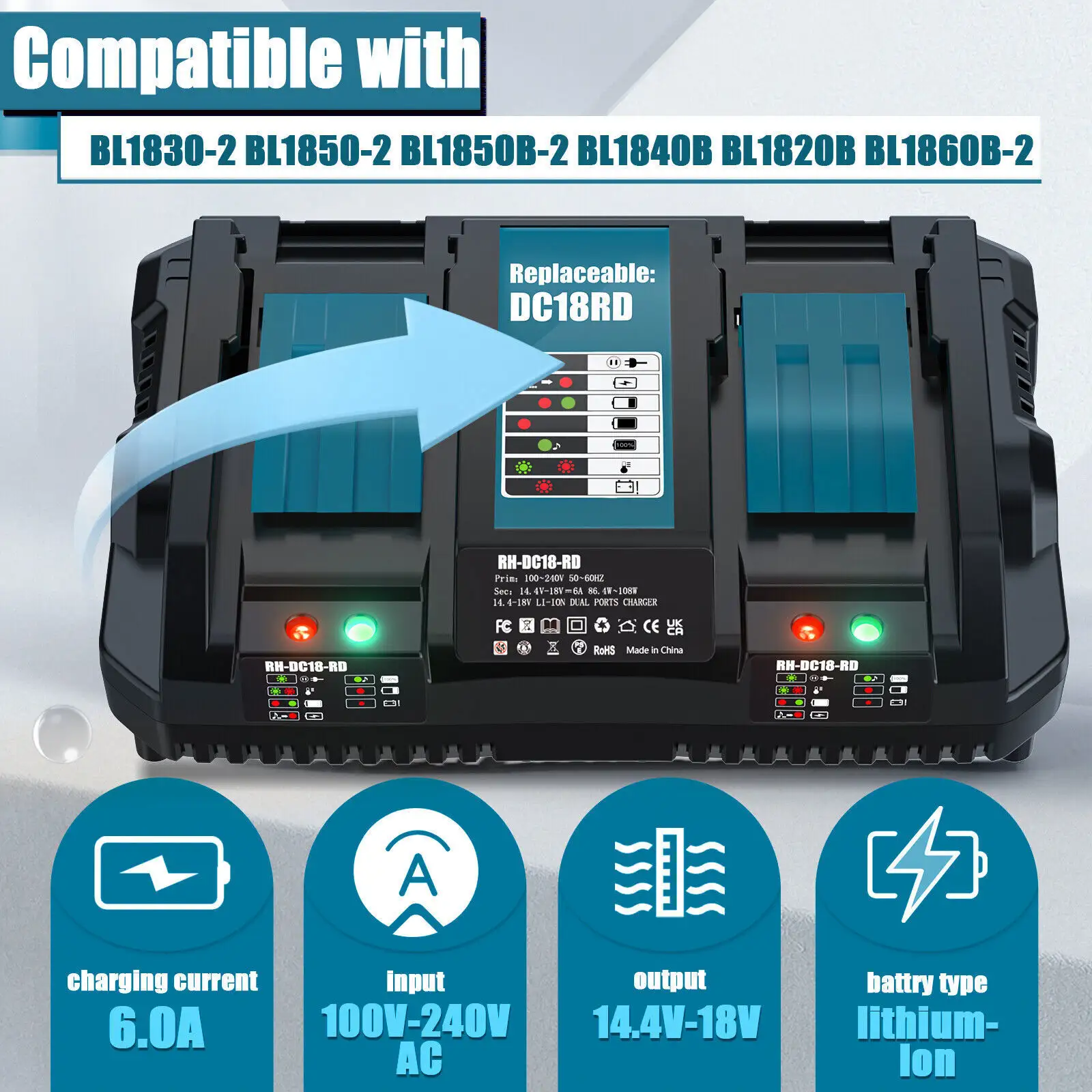 Dual Fast Charger For 18V Li-Ion Battery