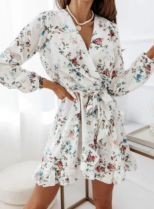 Long sleeve Irregular Ruffle Print Dress Little Flower - Shop at LoveMi