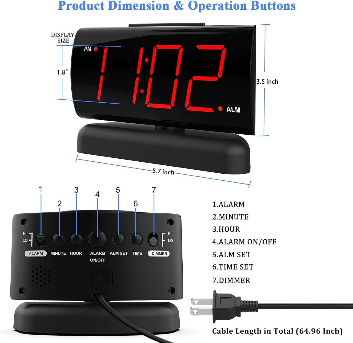 Digital Alarm Clock with Rotating Base - Large and easy to use bedside clock with icons and text buttons, perfect for the elderly. Simply plug into a standard American 120V socket for power, with AAA backup batteries.