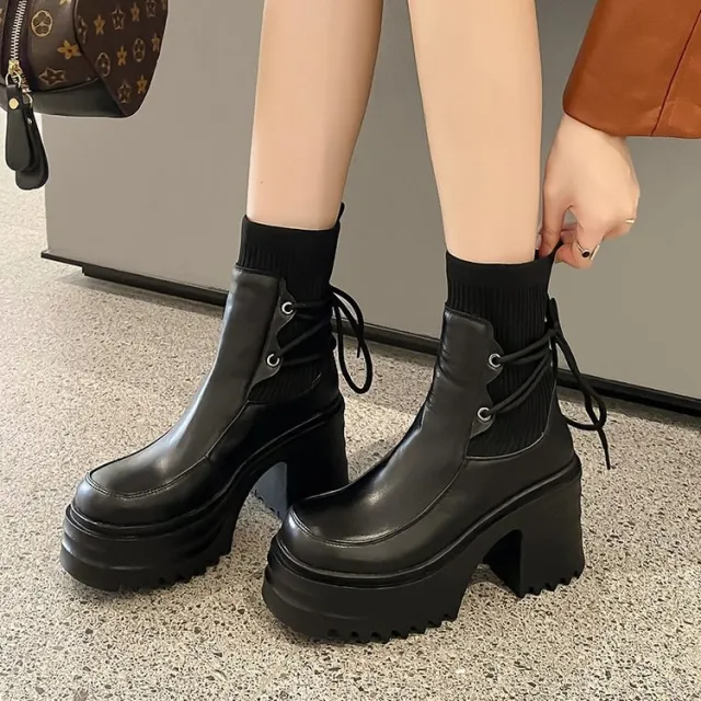New British Style Muffin Thick Bottom Knitting Strap Martin Boots For Women Black - Shop at LoveMi
