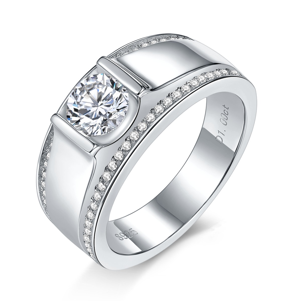 S925 Sterling Silver Wide Band Moissanite Ring, 1&2ct D-VVS1 Bezel Set With Pave Edges, US Sizes 5-9, GRA Certificate Gift Box